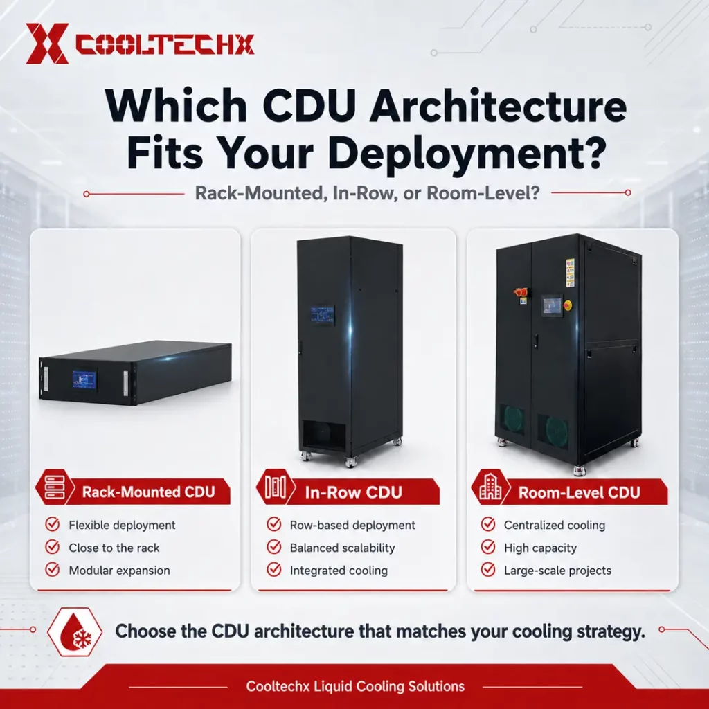 Rack-mounted vs in-row vs room-level CDU comparison for data center liquid cooling