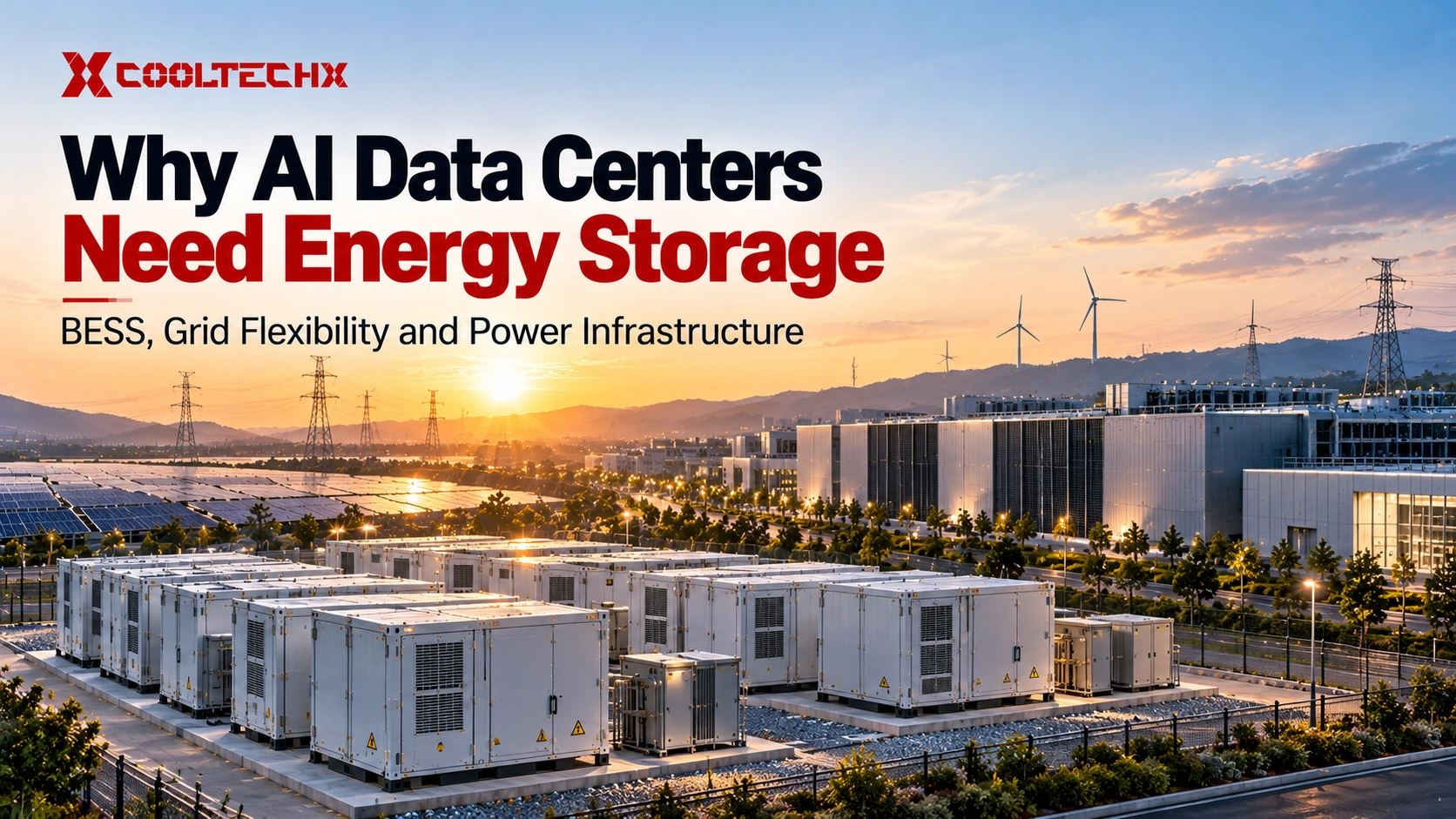 AI data center energy storage concept with BESS containers, renewable generation and grid infrastructure.