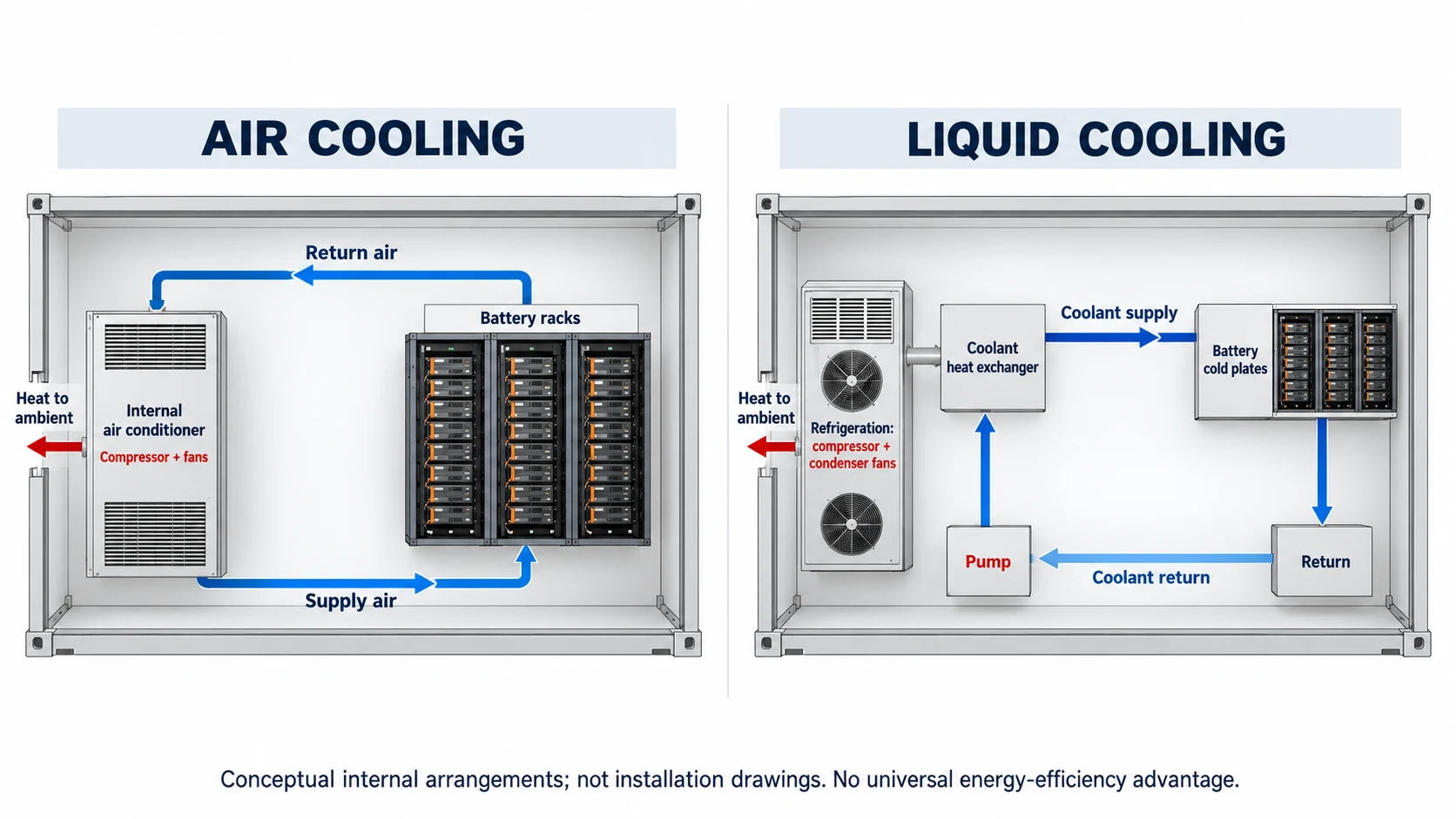 Conceptual internal air-cooled and liquid-cooled BESS layouts showing airflow and a closed coolant loop