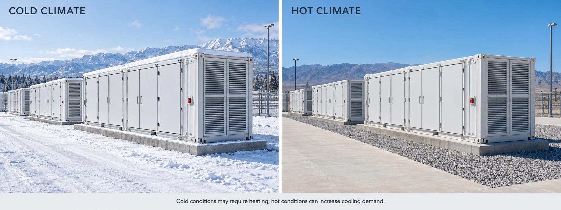 The same containerized BESS site in cold snowy conditions and hot summer conditions