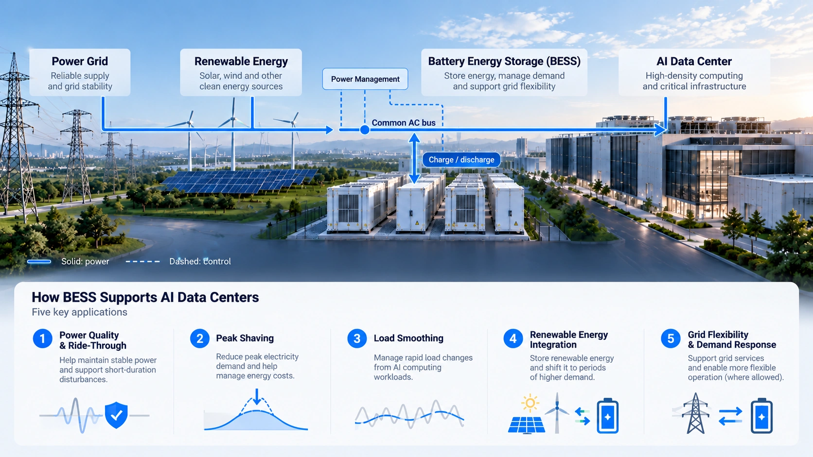 BESS for data centers: five applications and direct grid and renewable supply with bidirectional storage.