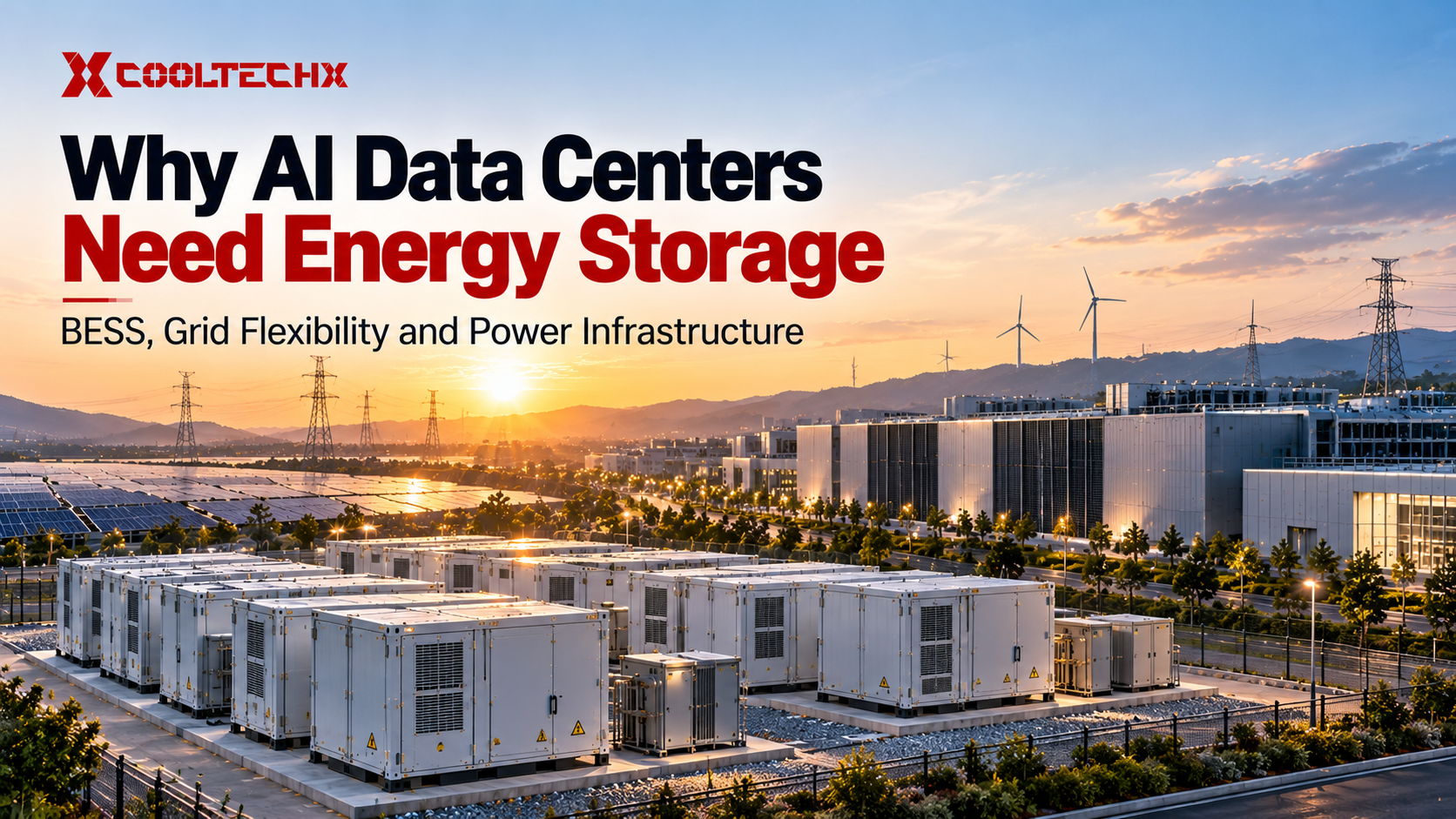 Concept visualization of a generic data center campus beside battery storage and grid infrastructure.