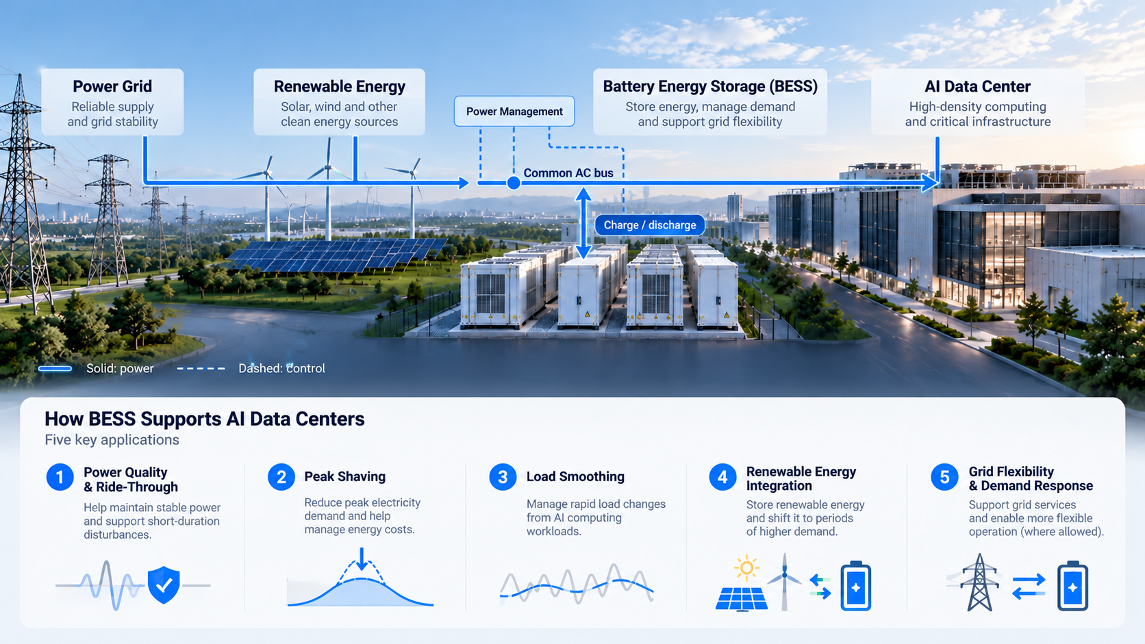 Five BESS applications with direct grid and renewable supply paths and a bidirectional battery branch.