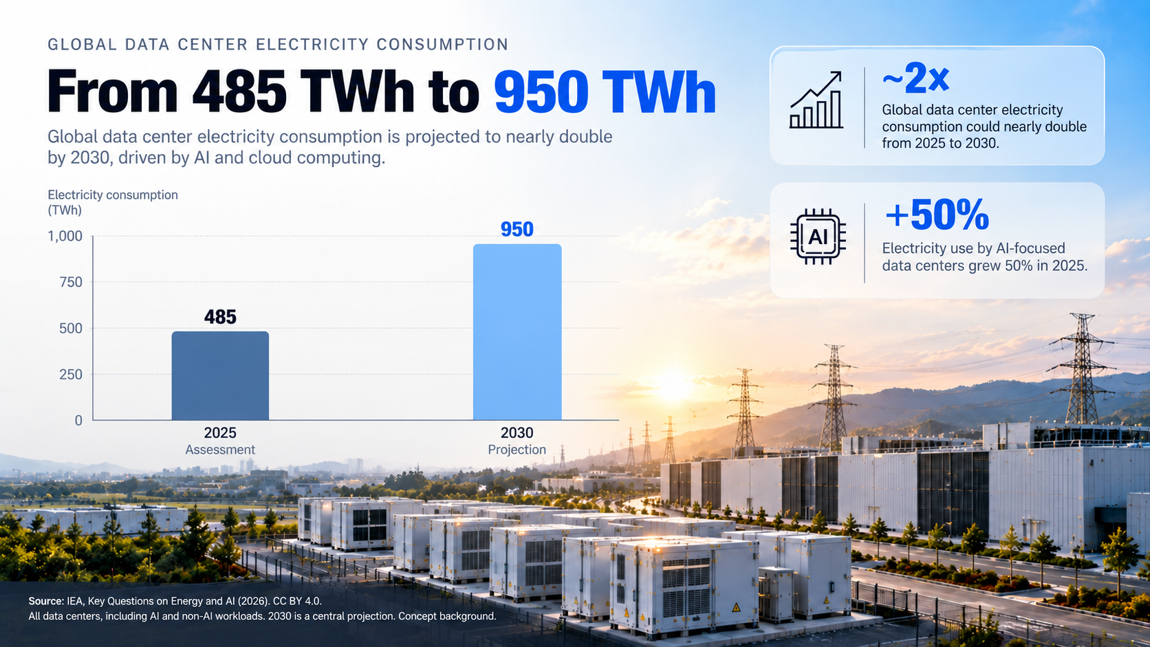 IEA global data center electricity consumption: 485 TWh in 2025 and a central projection of 950 TWh in 2030.